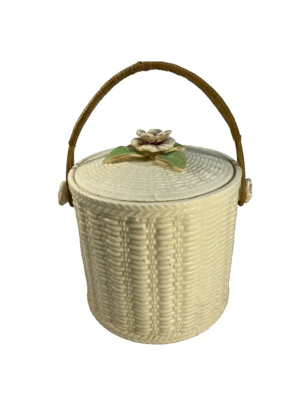 Vintage Biscuit Jar Basket Weave Wicker Handle Made In Japan 40s Flower Top Side